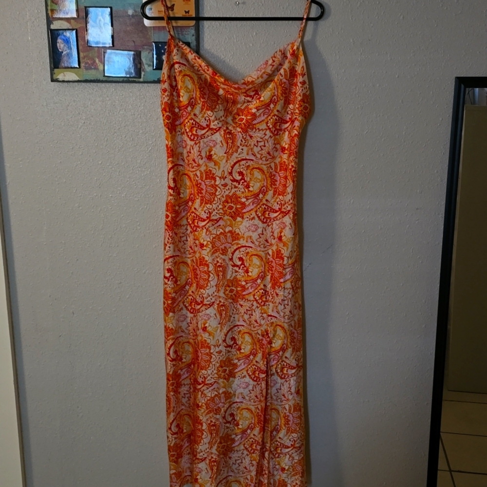Orange, cream and yellow slip dress